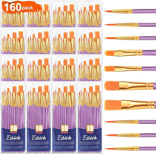 ESRICH Acrylic Paint Brushes Set, 16Packs/160 Pcs, Suitable for Acrylic, Oil, Watercolor,Rock Body Face Nail Art,Perfect Suit of Art Painting, Best Gift for Kids Adult Drawing, Purple