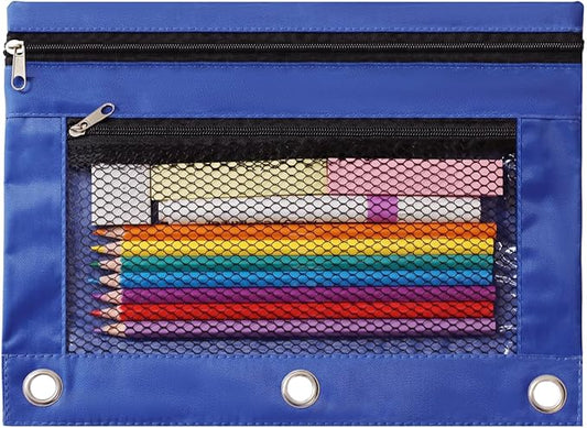 3 Ring Binder Pencil Pouch - School Pencil Case with 2 Zippered Pockets, Clear Mesh Window Pencil Bag, B5 Size, Back to School Gifts (Blue)