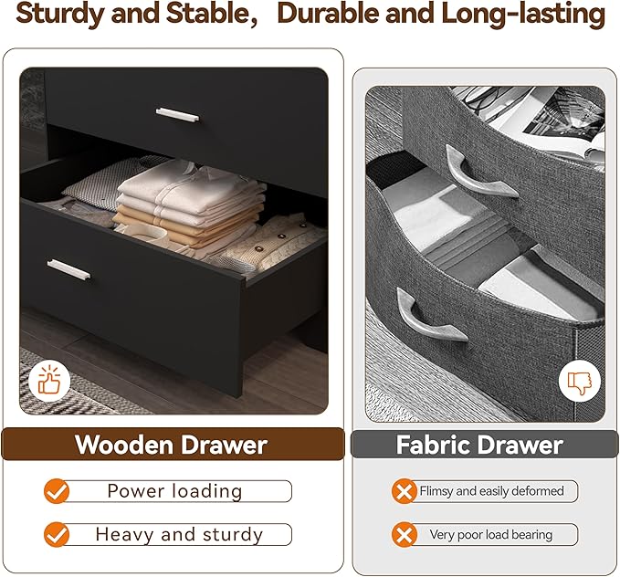 Dresser with Power Outlets Wooden 6 Drawer Dresser with Large Organizer Black Tall Storage Organizer with Smooth Metal Rail Modern Chest of Drawers Closet for Bedroom Hallway