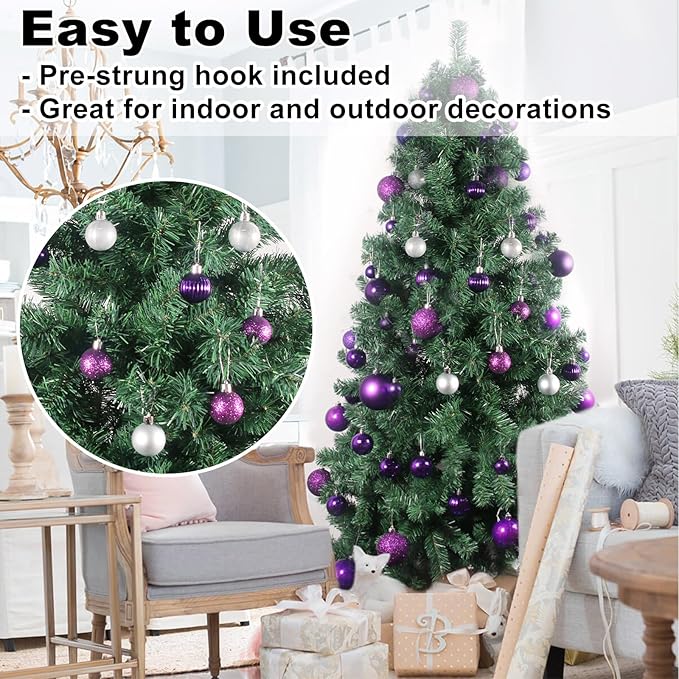 Purple & Silver 1.6" Small Christmas Balls Christmas Tree Decoration Ornaments Shatterproof Hanging Balls for Birthday Halloween Holiday Wedding Decorations Set of 24pcs