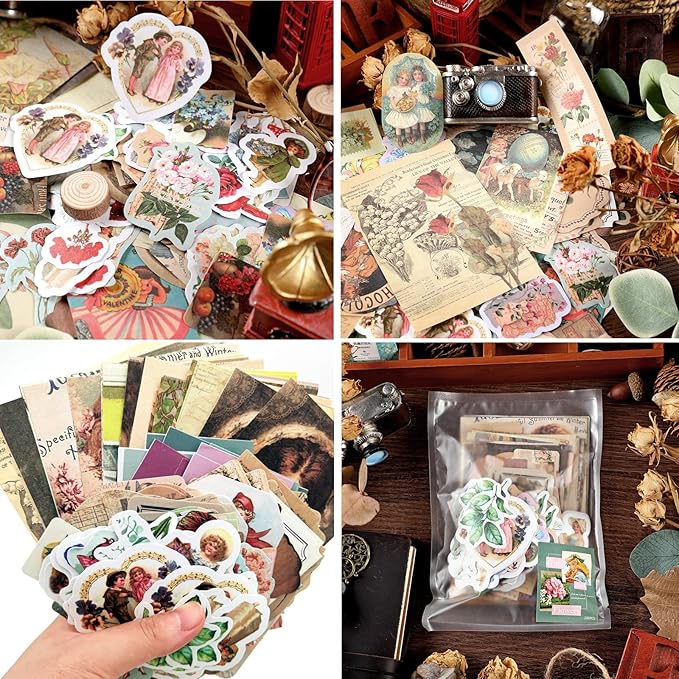 200PCS Vintage Scrapbooking Supplies Pack, Aesthetic Scrapbook Sticker Paper Art Journaling Kit for Bullet Junk Journals,Planner,Cottagecore Decor Gifts (Girl)