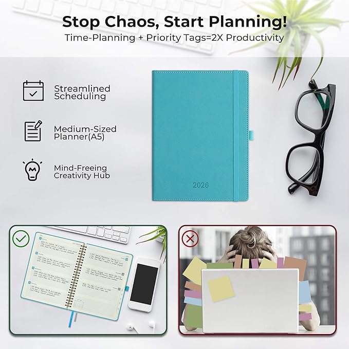 Weekly Monthly 2026 Planner (Jan.26-Dec.26),8.5"x6.5",12 Months Agenda Plan with Month Tabs & Pocket,Expenses/Note Pages, Appointment Book Calendar with Vegan Leather Cover,Light Blue