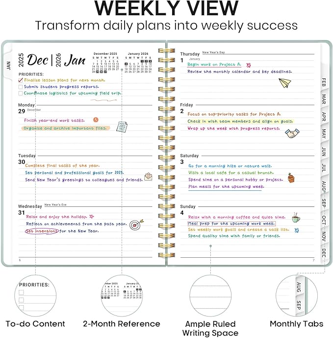 2026 Planner 8.5" x 11", Weekly and Monthly Calendar Planner Book, January 2026 - December 2026, Hardcover Spiral Planner with Monthly Tabs, Notes Pages, Perfect for Women & Men, A4 - Grey Blue