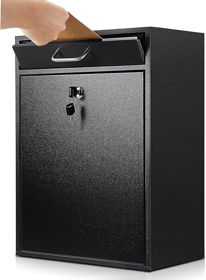 Locking Mailbox with Key for Outdoor 18 x 15 x 7 Inches Large Wall Mount Mail Box with Lock Security Mail Drop Metal Collection Boxes Hanging Secure Postbox(Black)