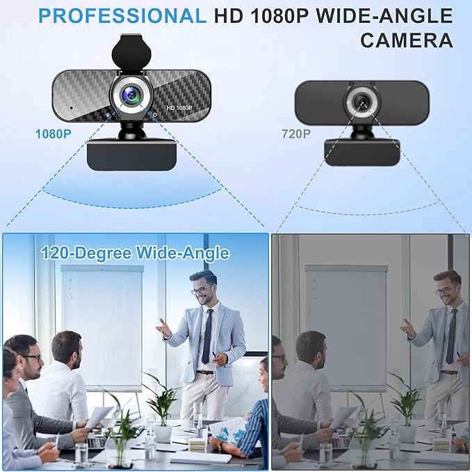 Webcam Full HD 1080P with Built-in Microphone and Rotatable Tripod, Carbon Fiber Board and Privacy Cover, Auto Light Correction, Adjustable FOV, Plug&Play for Zoom/Skype/Facetime/YouTube, Laptop/PC