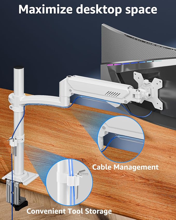 Single Monitor Arm Holds 4.4-22lbs, Monitor Stand for Desk, Height Adjustable Monitors Mount for 32 27 24 22inch, Full-Motion Monitors Desk Mount with C-Clamp＆Grommet Base, Freelift White