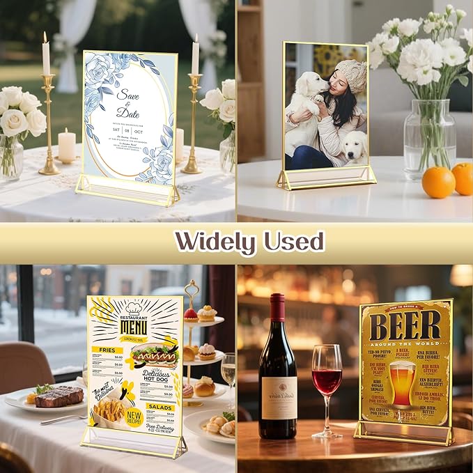 Gold Frames 5X7 Acrylic Sign Holder Double-Sided Acrylic Picture Frames Display Stand for Flyer Holder Menu Holder Wedding Table Number with Removable Sticky Dots-24 Pack