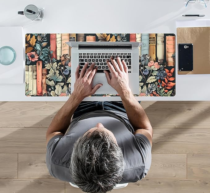 Flowers Desk Pads Gaming Desk Mat Large Keyboard Mouse Pad XL, Book Elements Computer Desktop Mats, Extended Full Laptop Mouse Mat, Office & Home Decor for Women Desk Aesthetic 31.5" x 11.8"