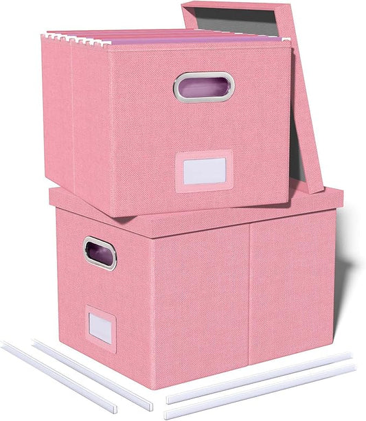 Oterri 2 Pack File Storage Organizer, Filing Box, Portable File Box with Lid, Fit for Letter/Legal File Folder Storage, document organizer, New-pink