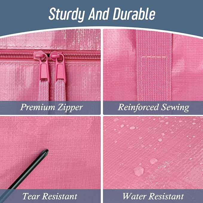 6 Pack Extra Heavy Duty Large Moving Bags with Strong Zipper & Comfortable Handles, Sturdy & Durable Clothes Storage Bags Totes Bins, Packing Moving Boxes for College Supplies, Pink