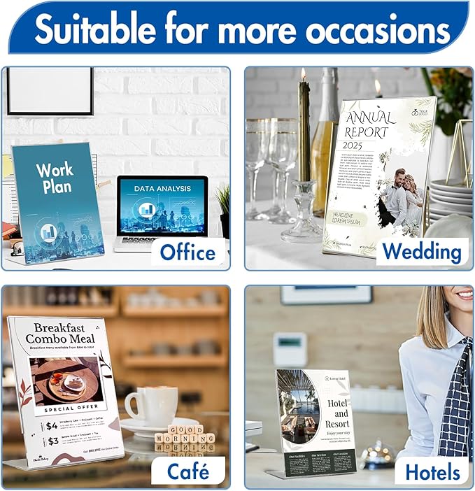 Aheroi 12Pcs Acrylic Sign Holder, 5x7 Clear Sign Holders, L-Shape Table Sign Holders Paper Stand, Plastic Sign Holder Standing, Paper Display Stand for Menu Document Display, Activities Supplies