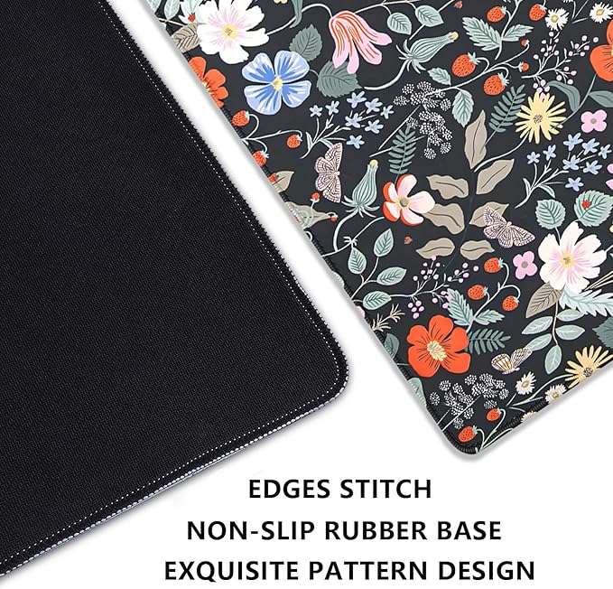 Strawberry Flowers Mouse Pad Desk Pad,Extended Gaming Mouse Mat with Stitched Edges Non-Slip Waterproof Rubber Base Mous Mat for Office,Computer,Keyboard,Laptop and Home Desk Pad(27.5X11.8 in)