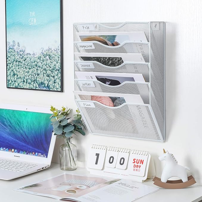 PAG Hanging Wall File Holder Mail Organizer Wall Mount Document Letter Rack, 5-Tier, White