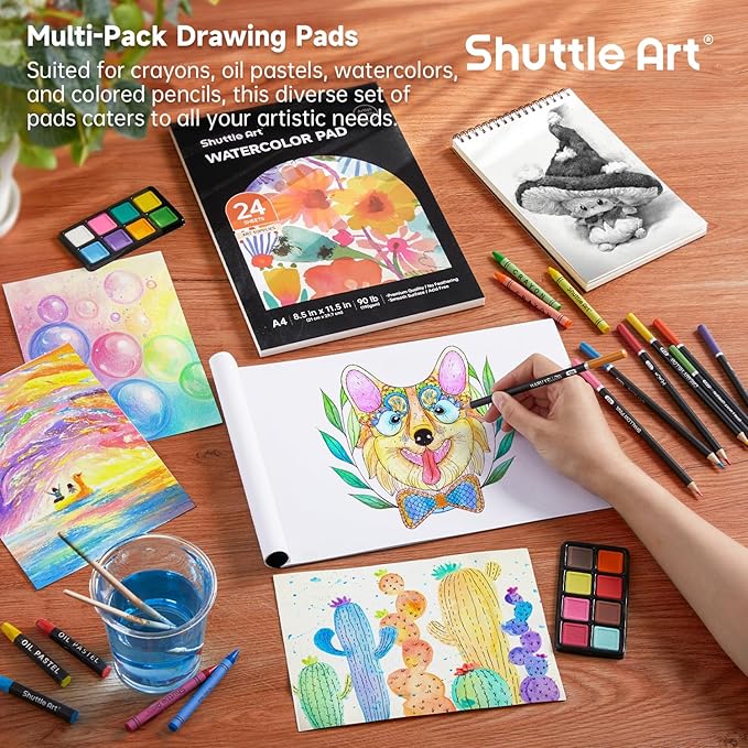 Shuttle Art 106 Piece Deluxe Art Set, Art Supplies in Wooden Case, Painting Drawing Art Kit with Crayons Colored Pencils Oil Pastels Watercolor Cakes Coloring Book Sketch Pad for Kids Adults