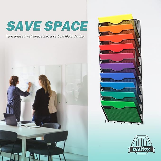 10-Tier Wall Mounted Hanging File Organizer Metal Mesh Wall Organizer Wall File Holder Magazine Rack for Office Classroom Organization