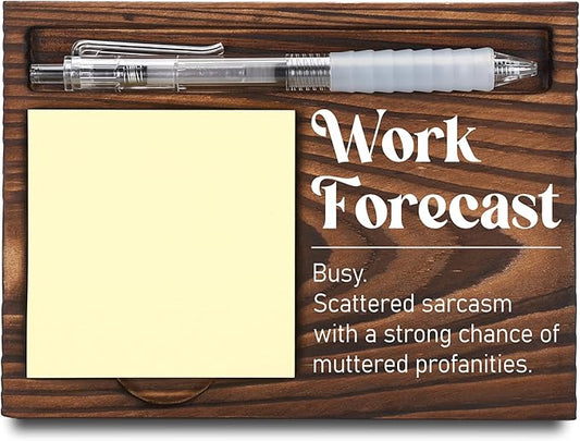 Funny Office Work Gifts for Coworker, Sarcastic Gag Going Away Farewell Gifts, Work Forecast Sticky Note Holder, Post-it Note Dispenser for Desk, Wooden Post-it Note & Pen Holder 6.5" x 4.7" - FTA110