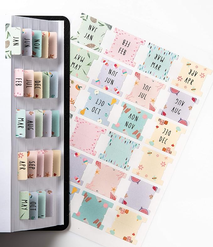 DiverseBee Laminated Planner Monthly Tabs, 24 Peel and Stick Tabs for Notebooks (12 Month Tabs and 12 Blank Tabs), Calendar Monthly Tab Stickers/Dividers (Assorted), Medium