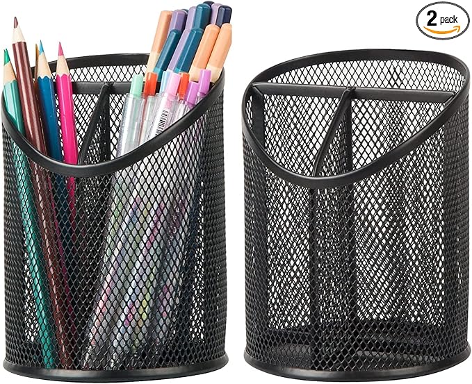 2 Pack Pen Holder Mesh Round Pencil Holder Desktop Organizer 3 Compartments, Black