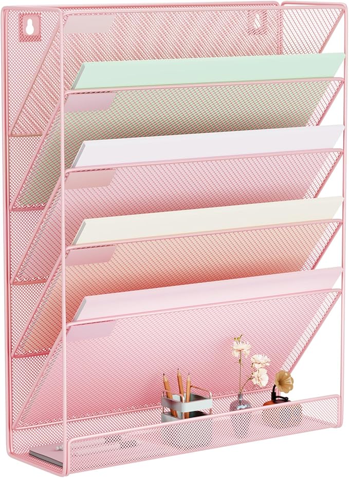 Wall File Organizer Holder Mesh Hanging Paper Document Holder, Vertical 6 Pocket Tier for Office Home, Light Pink