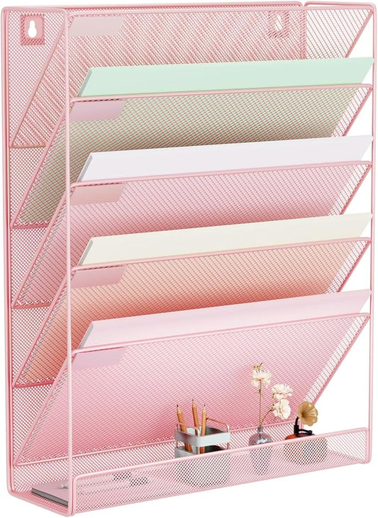 Wall File Organizer Holder Mesh Hanging Paper Document Holder, Vertical 6 Pocket Tier for Office Home, Light Pink