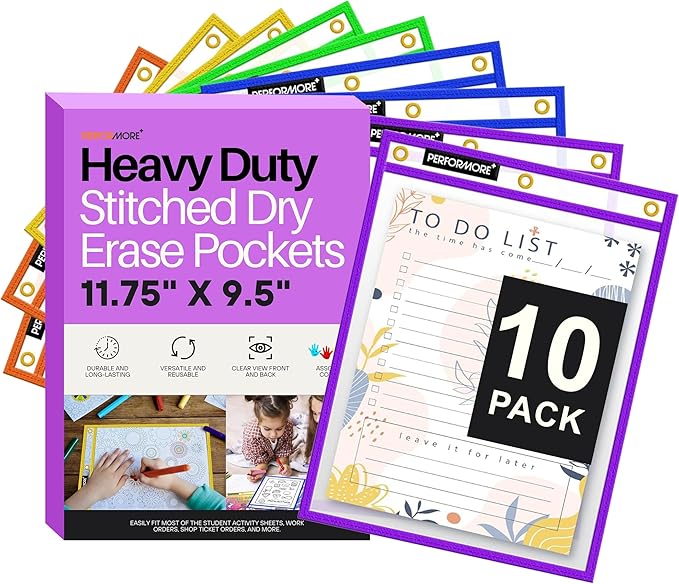 Office Werks Stitched Dry Erase Pockets, Heavy Duty Reusable Sleeves 11.75" X 9.5", Clear Both Sides Plastic Sleeves with 3 Holes for Office, Classroom and More, 5 Trim Assorted Colors (Pack of 10)