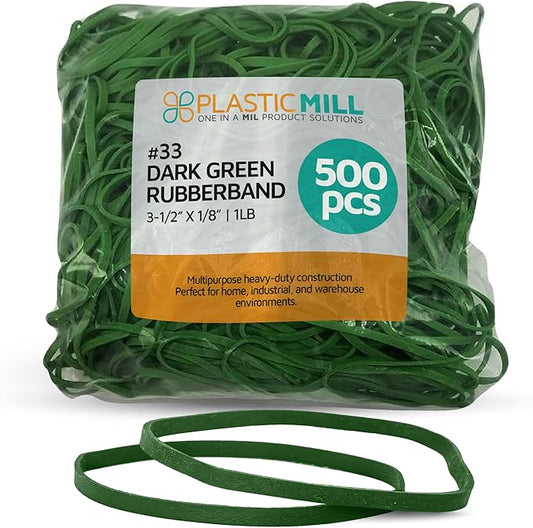 PlasticMill Dark Green Rubber Bands Size 33 (3 1/2" x 1/8") - #33 Colored Rubber Bands Office Supplies - Strong, Elastic Bands for Crafts, Balloon Garland, Cash, File Folders (500-Pack)