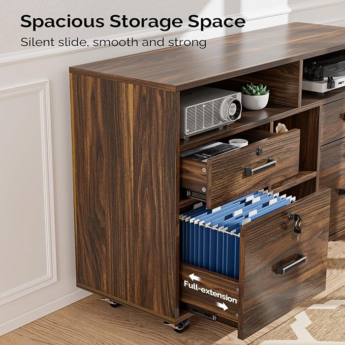 VINGLI Dark Brown Wood Lateral File Cabinet with Lock, 4 Drawer & 4 Open Shelves, Rolling File Cabinet for Home Office, Letter Sized