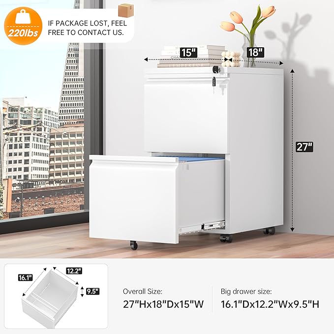 INTERGREAT 2 Drawer File Cabinet, Metal Filling Organizer with Lock, Locking Office Mobile Cabinet with Wheels for Legal/Letter Size, Under Desk, White