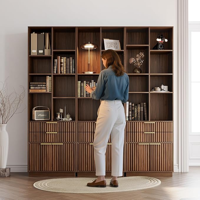 Bookshelf, Bookcase with Doors and 2 Drawers, Fluted Tall Bookshelf with 4-Tier Storage Shelves, 73 inch Wooden Book Shelf for Home Office, Living Room, Black Walnut