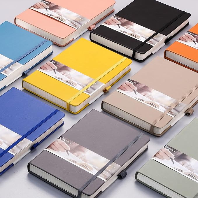 EMSHOI A5 Lined Journal Notebook - 120gsm Thick PU Leather Hardcover with Sticky Notes, 256 Numbered College Ruled Notebook for Work, School & Writing, 5.75" x 8.38" Dark Grey