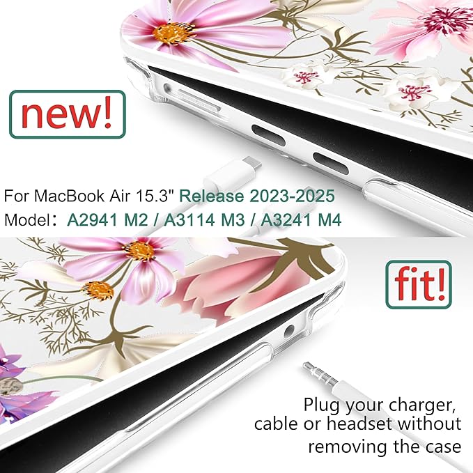 DONGKE Compatible with M4 MacBook Air 15 inch Case 2025 2024 2023 A3241 A3114 A2941 M3 M2 Liquid Retina Display Touch ID, Plastic Hard Case & Keyboard Skin & Screen Protector - Butterfly Floral