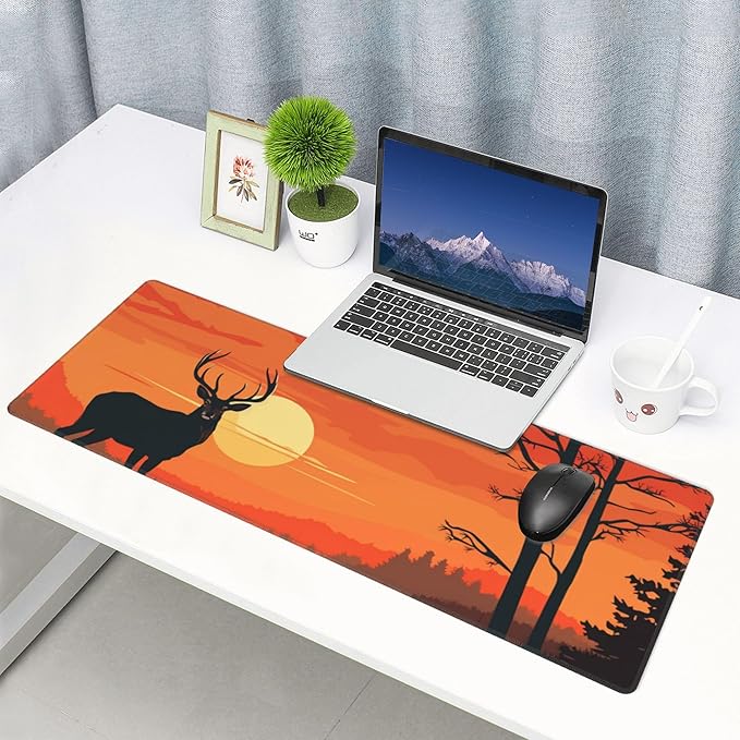 Large Size Sunset with a Silhouetted stag Print Gaming Mouse Pad 31.5 x 12 Inch, Stitched Edges, Anti-Slip Base, Waterproof Surface