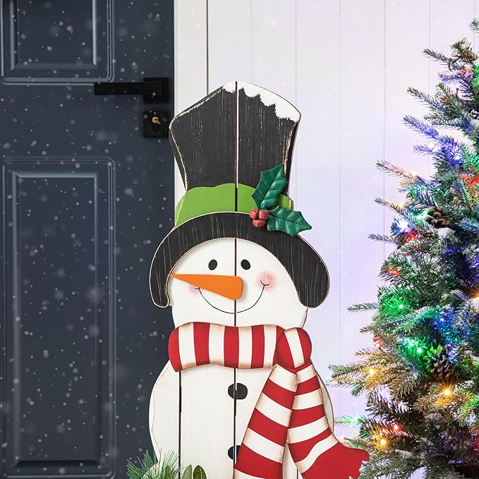 Glitzhome 36" H Wood Metal Christmas Snowman Porch Décor with Floral Wreath Standing Snowman Merry Christmas Porch Welcome Sign Holiday Party Outdoor Indoor Xmas Decorations