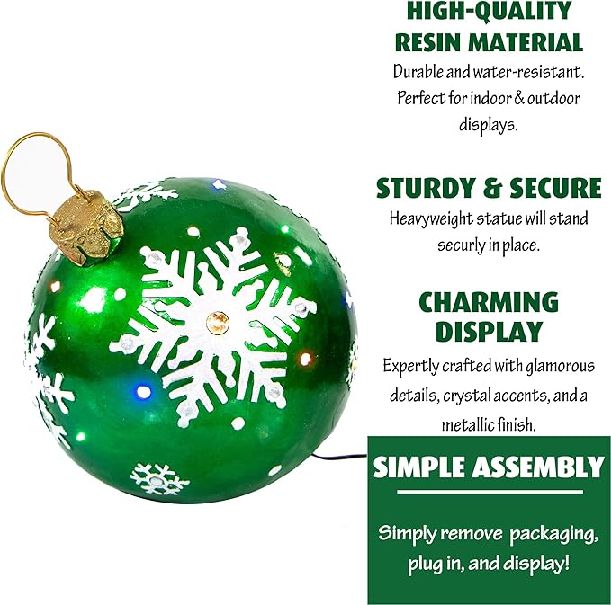 Fraser Hill Farm FFRS018-ORN1-GN Indoor/Outdoor Oversized Jeweled Ball Ornament w/Long-Lasting LED Lights, Green Holiday Decoration, 18"