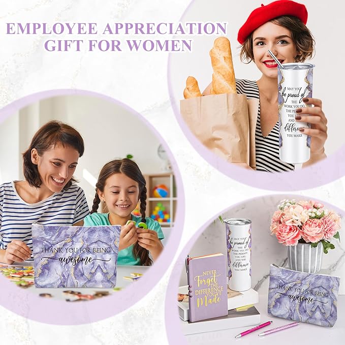 Domensi 6 Pcs Employee Appreciation Gift Set for Women Female Thank You Gift May You Be Proud 20 oz Rustic Marble Sign Tumbler Makeup Bag Journal for Teacher Nurse Lady Work Business(Purple)