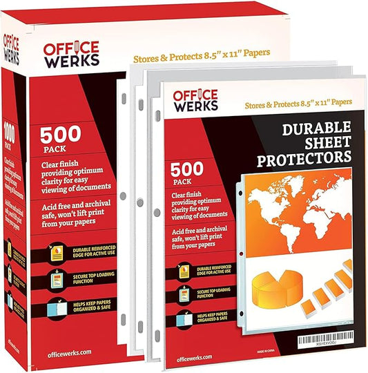 OfficeWerks Clear Sheet Protectors 8.5x11 for 3 Ring Binder, 35 Micron Plastic Sleeves, Top Loading, Reinforced Holes, Archival Safe, Durable Page Protectors for Documents and Binders (500)
