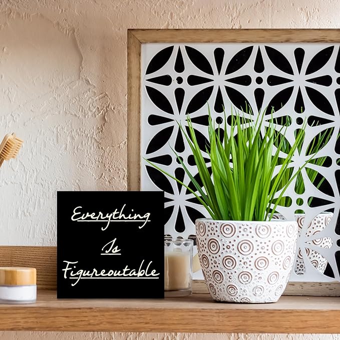 Inspirational Office Decor, Every Thing is Figure Outable Positive Office Accessories Wooden Box Sign, Motivational Gifts for Women Men Wall Desk Shelf Tabletop Decoration 5x5In
