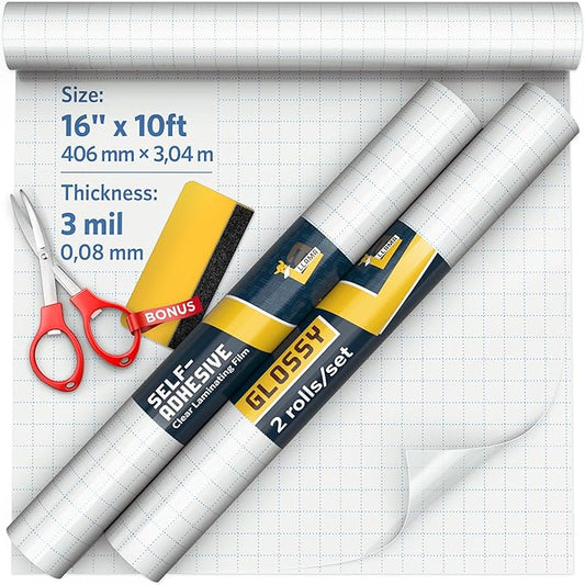 Self Adhesive Clear Laminating Roll 2 Pack 16" x 10' Each, Glossy Laminate Roll for Crafts, Clear Contact Paper Peel and Stick, Durable Laminating Film Roll 3 MIL