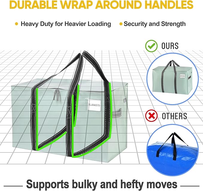 VENO 6 Pack Moving Bags, Heavy Duty, Moving Boxes Alternative, Packing Storage Supplies for Dorm Room Essentials with Zipper for Clothes, Extra Large Totes for Packaging (Shiny Light Green, 6 Pack)