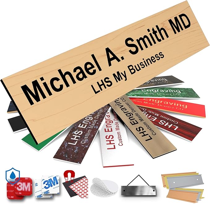 Engraved Name Plates for Door Sign Personalized Cashew Plastic Plaque with Black Letters - Made in USA 2x10 N6