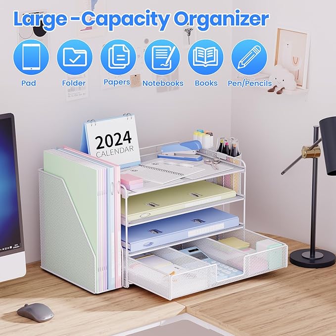 Desk Organizer and Accessories, 4-Tier Desktop File Organizer with Drawer and 2 Pen Holders, Office Desk Accessories for Office Supplies(White)