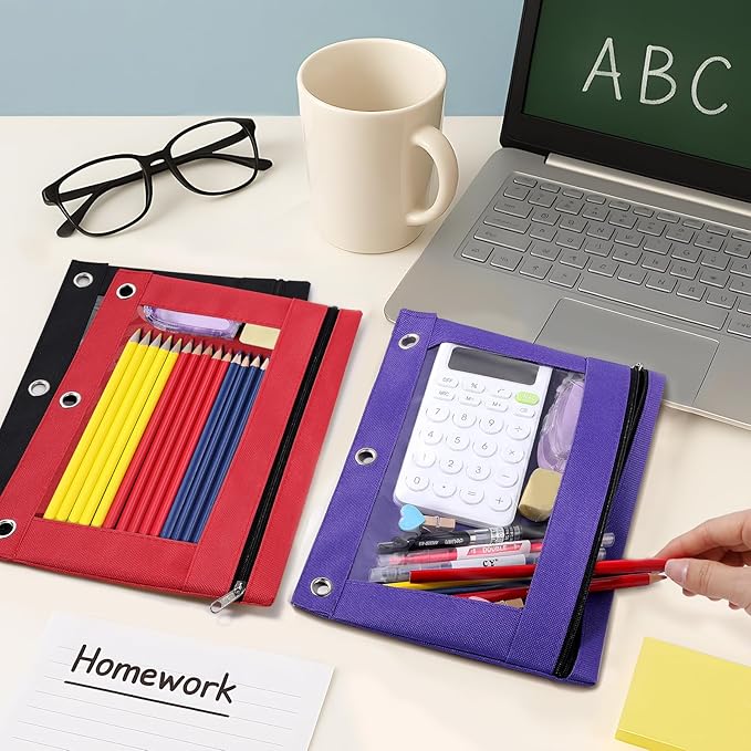 SUNEE Pencil Pouch for 3 Ring Binder, Pencil Bag for Binder with Zippers, Black Pencil Case for Students Organizer, Black