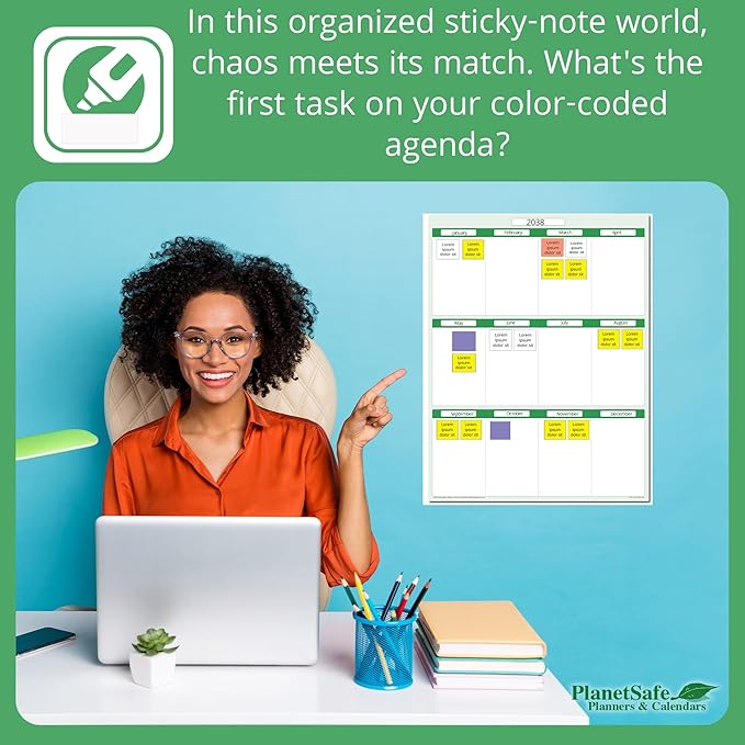 Earth Green12 Section Task, Objective and Goals Planning System Vertical 24"x 18". Wall Tray, Dry-Erase Marker, Eraser and 600 Sticky-Notes