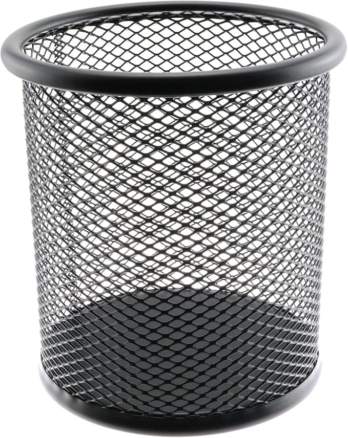 1-Pack Mesh Pen Holder Round Shape Pencil Container Multipurpose Metal Hollow Out Desktop Storage Organizer for Student Stationery Office Supplies(Black)