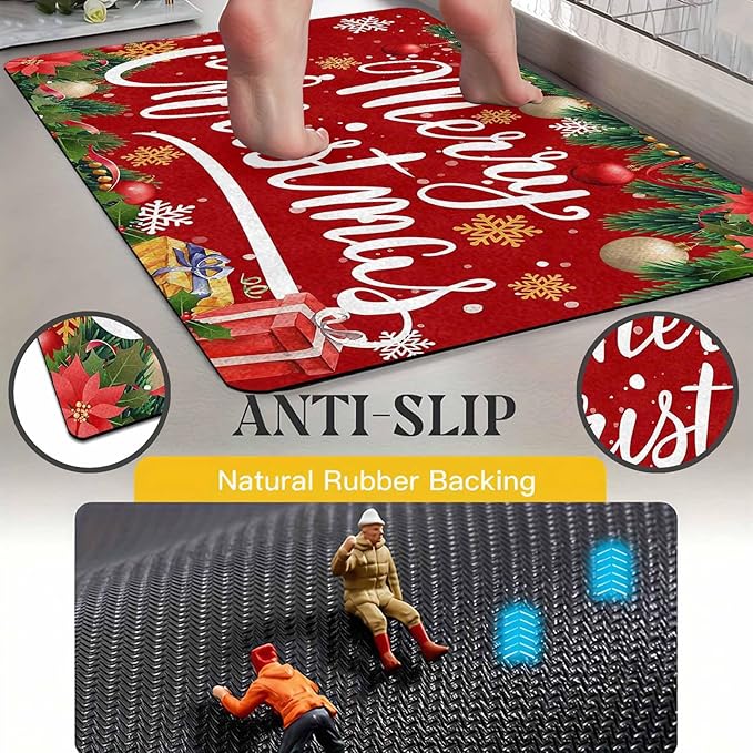 InterestPrint Merry Christmas Welcome Mat Low Profile Entrance Decoration Easy Clean Door Rug Christmas Red Doormat Outdoor Entrance for Outside Entrance Or Porch Entry, 16" x 24" Inch