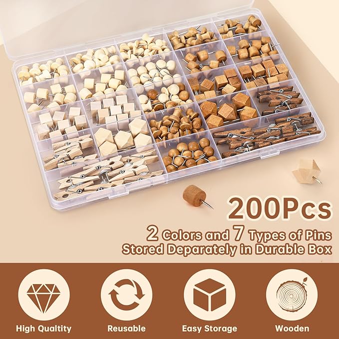 200Pcs Wood Push Pins 7 Types and 2 Colors Wood Tacks Cute Push Pin Thumb Tacks for Decorative Wooden Push Pins for Cork Board Cute Pushpins for Bulletin Board Prayer Board Supplies for Women