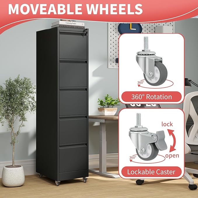 5 Drawer Locking File Cabinet with Wheels,Metal Mobile Filing Cabinets,Black Vertical File Cabinet for Home Office,Heavy Duty Storage Cabinet for A4/Letter/Legal Size File,Assembly Required