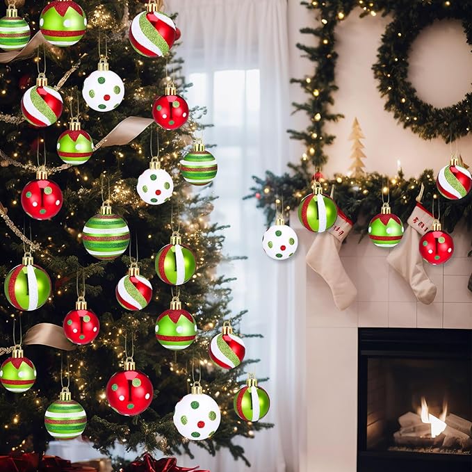 64 Pcs Christmas Ball Ornaments Lime Green Red Christmas Ornament Plastic Christmas Tree Decoration Assorted Size Dot Stripe Christmas Ornament for Tree Home Indoor Decor, 1.6/1.97/2.4 Inch