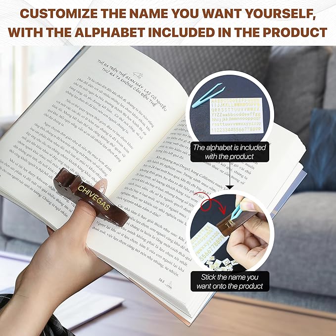 Personalized Cat Book Page Holder with 3D Metal Letters, Smooth Finish Walnut Wood Thumb Page Holder for Reading,Customizable Book Reader Gifts & Reading Accessories,Ideal for Book Lovers (Large)
