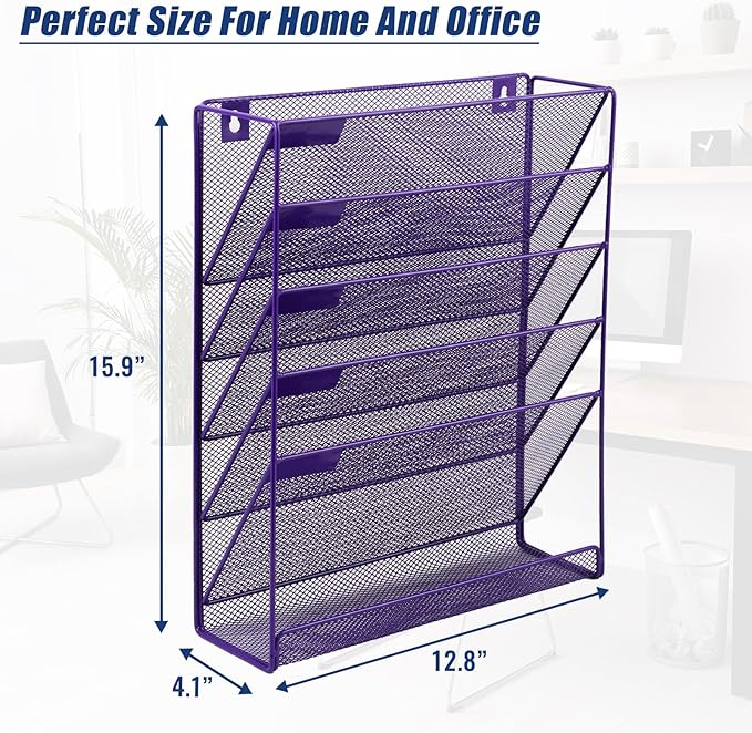 EASEPRES Desk File Organizer Mesh 6-Tier, Hanging Wall Mount Document Organization Stand, Desktop Vertical Mail Paper Folder Holder Rack with Bottom Tray for Office Home Cubicle Countertop, Purple